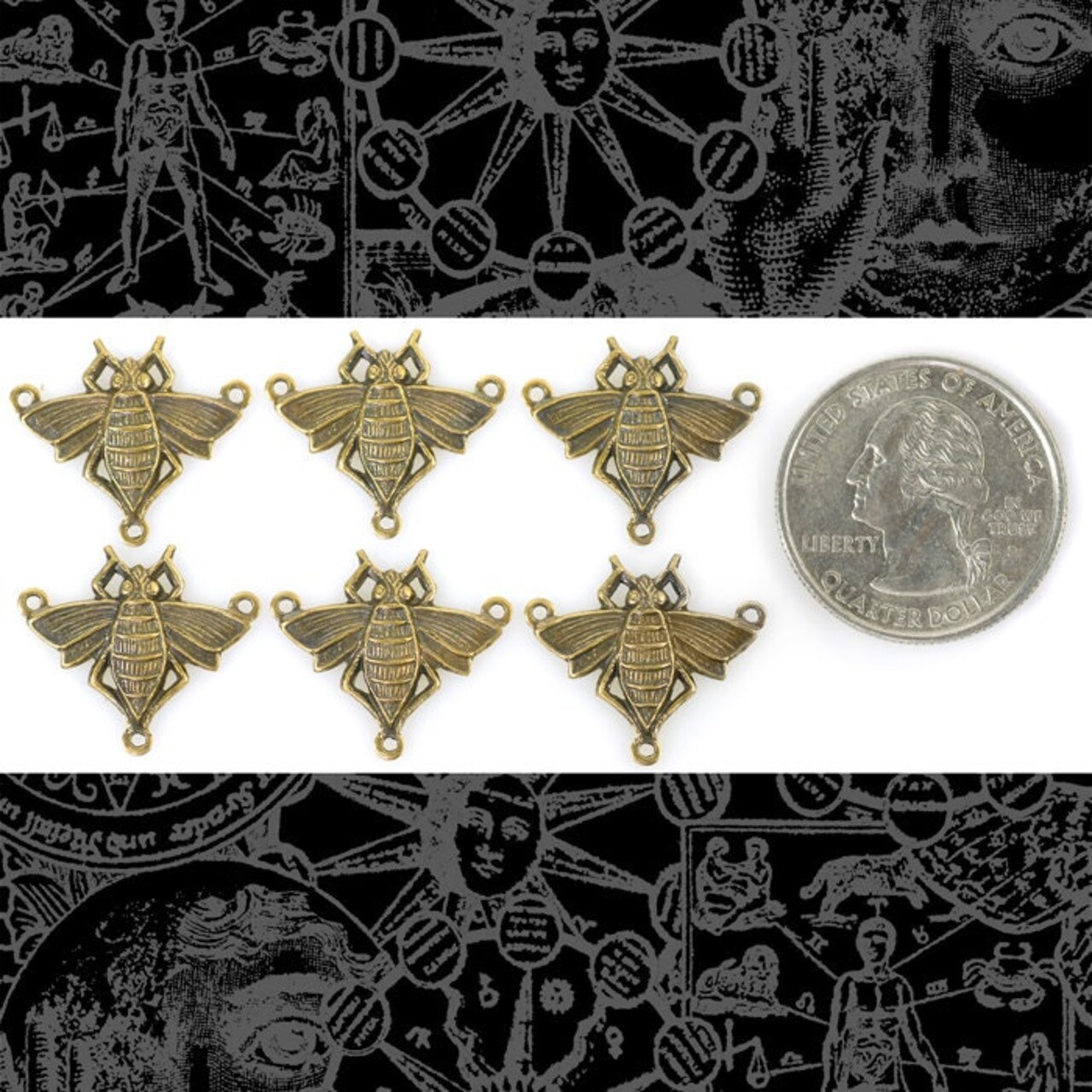 Antiqued Brass Bumble Bee Three Ring Connectors - Set of Six - AB-3C01